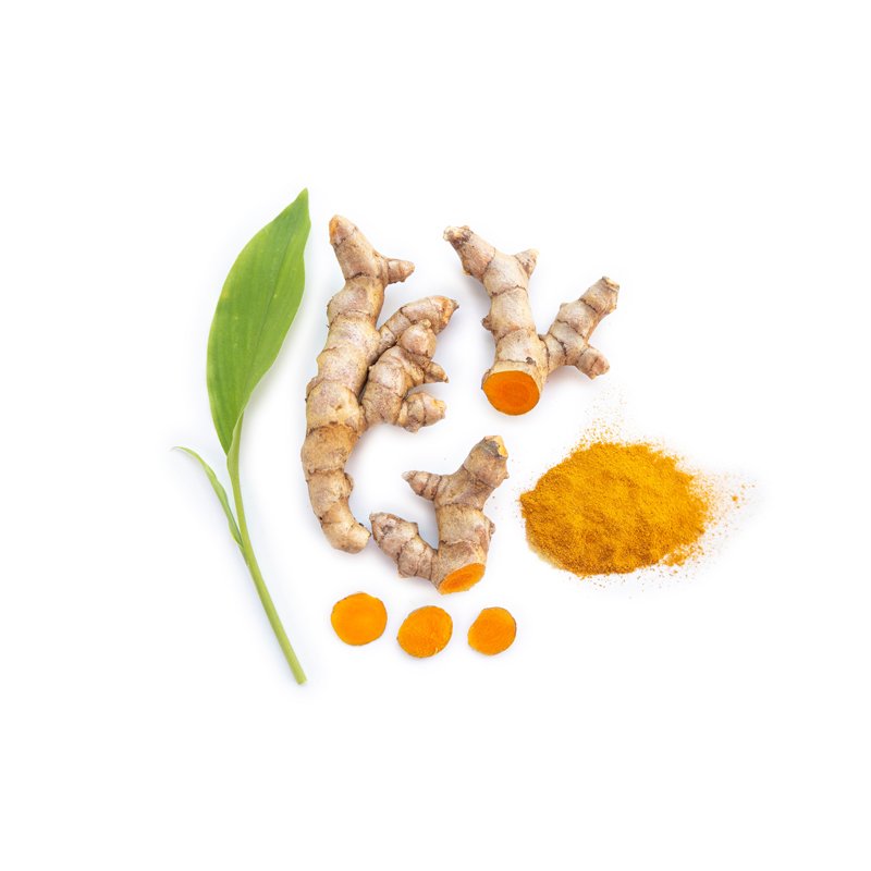 Life Extension, curcumin, cut into three  pieces, beside a small ple of orange curcumin powder and a green leaf
